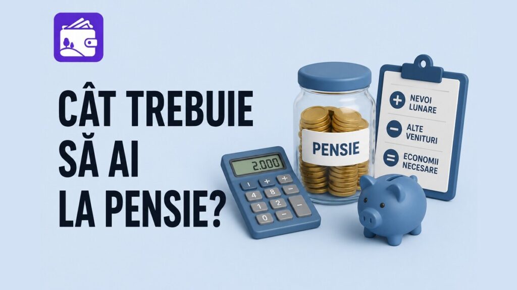 Calculator, borcan cu monede și clipboard, ilustrând calculul sumei necesare la pensie