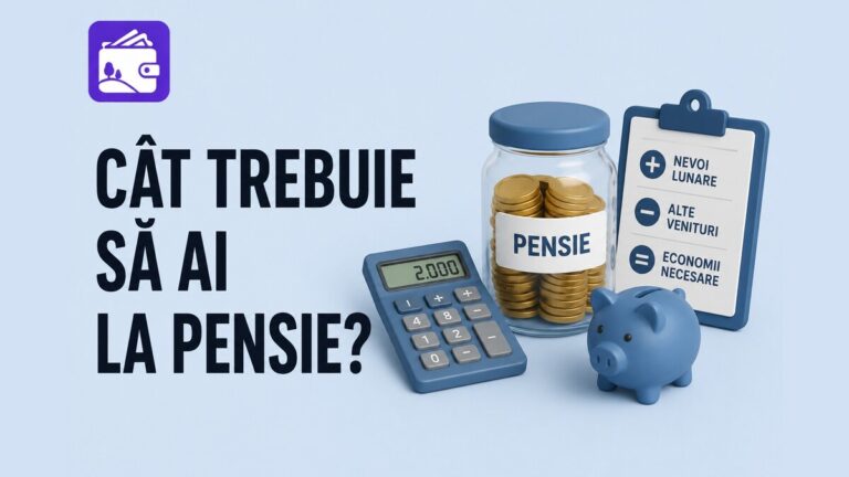 Calculator, borcan cu monede și clipboard, ilustrând calculul sumei necesare la pensie