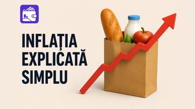 Pungă cu alimente și săgeată ascendentă, ilustrând creșterea prețurilor prin inflație